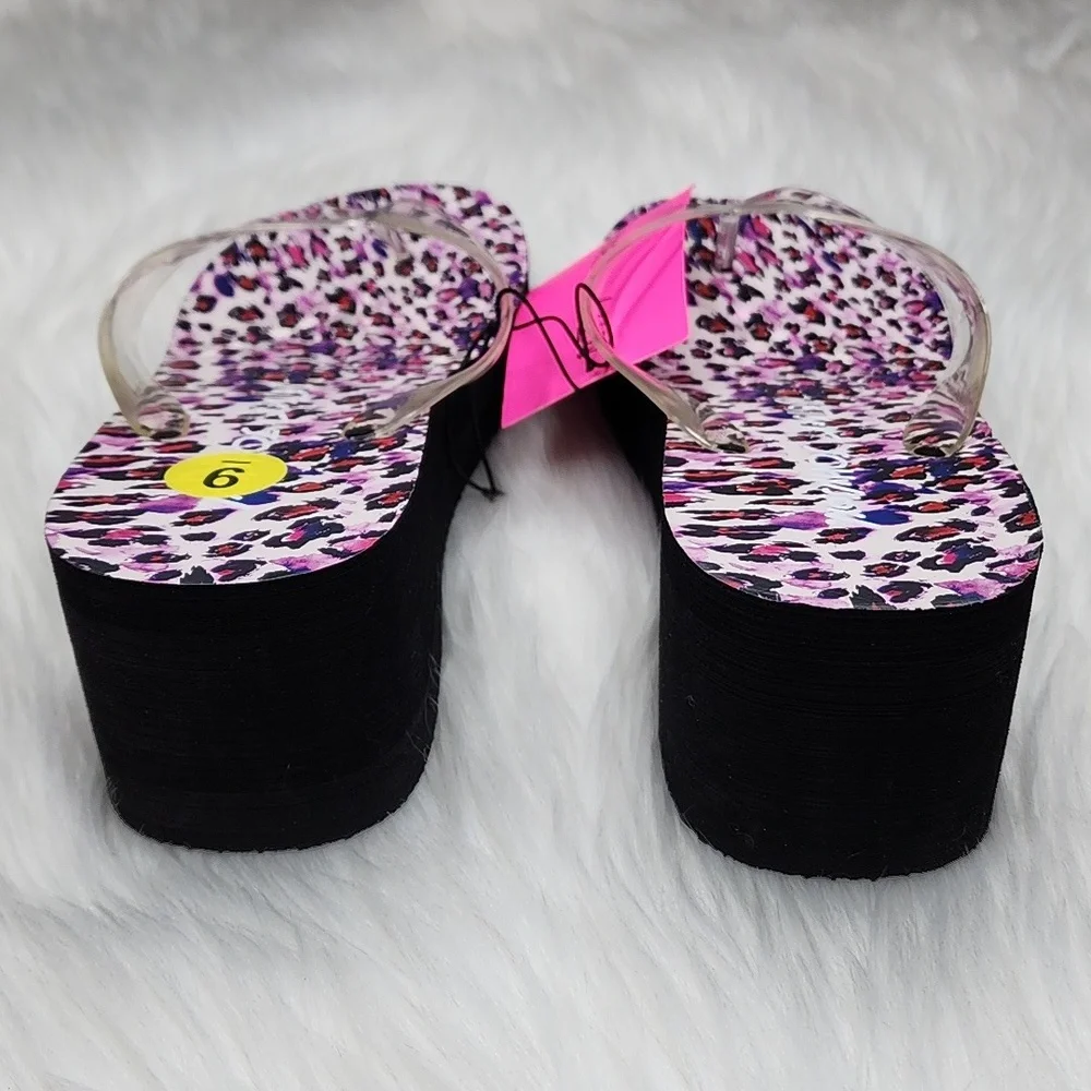 Betsey Johnson Leopard Print Wedge Platform Sandals with Clear Straps